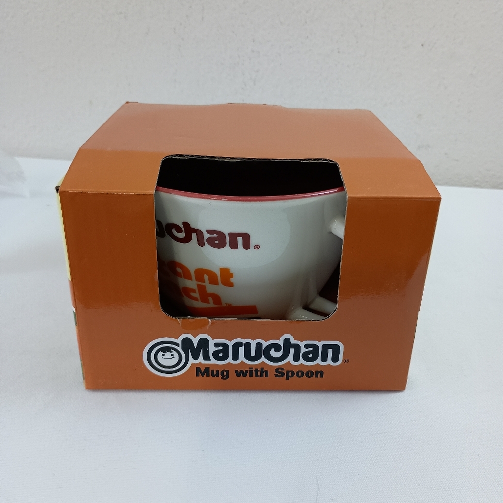 Maruchan Ceramic Ramen Noodle Soup Mug With Spoon Set NIB White Burgundy Rare
